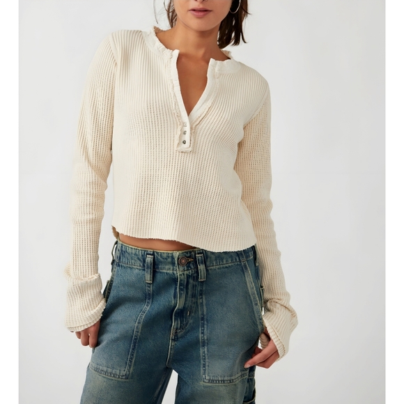 New Free People One Thermal Waffle Knit Colt Long Sleeve Top, M - Picture 11 of 11